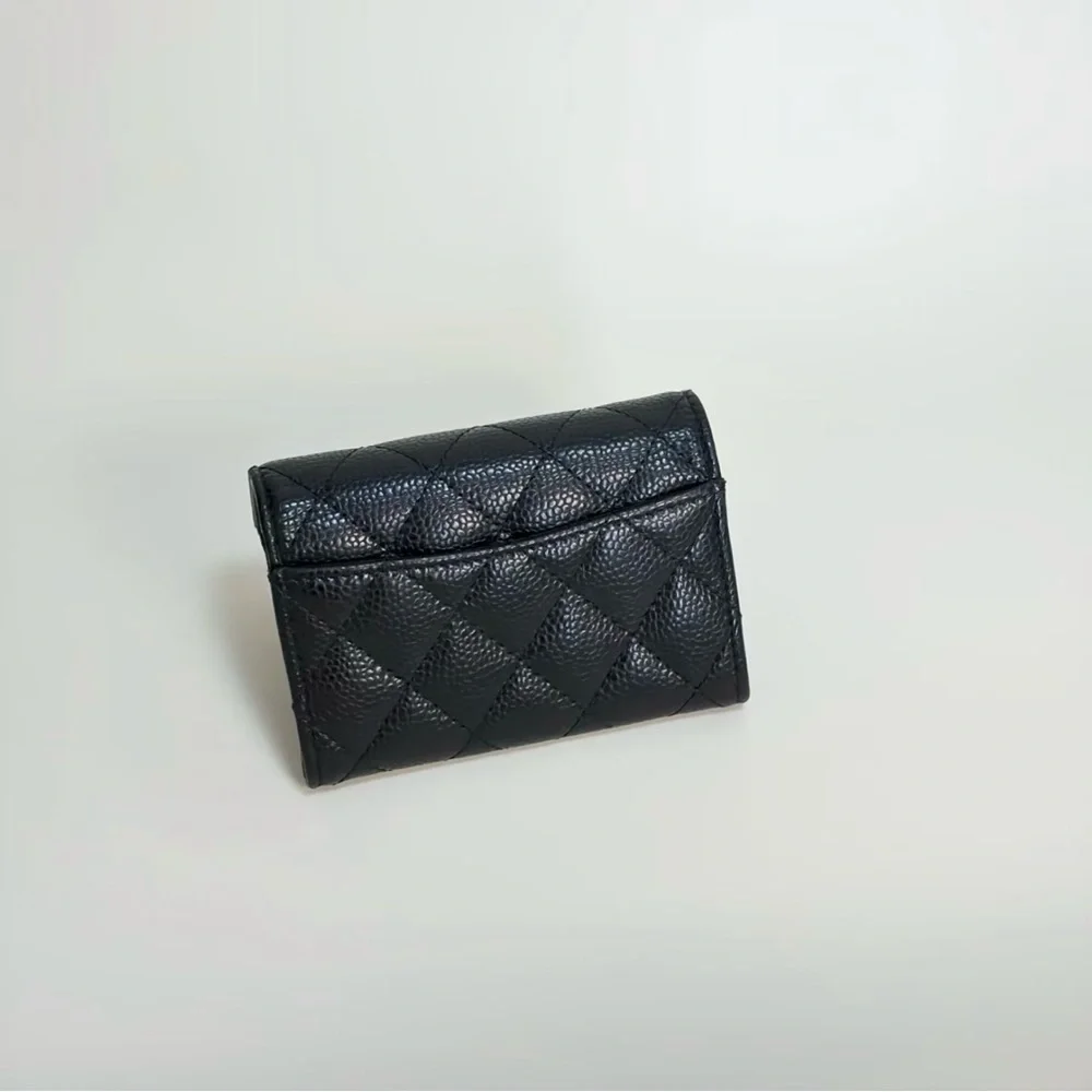 CHANEL Black Quilted Caviar Leather Mini Wallet with Silver CC